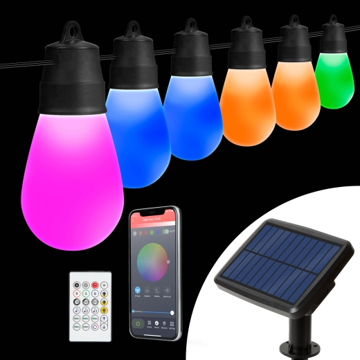 Guirlande lumineuse solaire intelligente avec 30 ampoules LED RGBIC, 13 m, Bluetooth