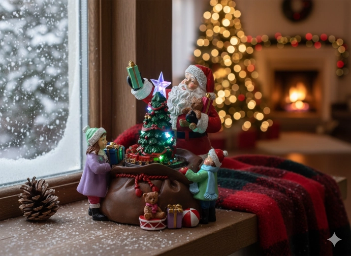 Décoration musicale LED de Noël avec le Père Noël, sapin et cadeaux 20 × 19 × 19 cm