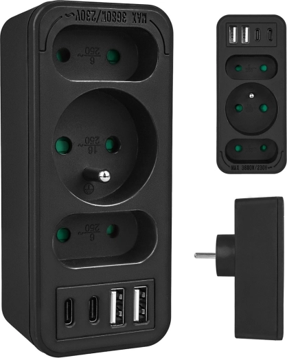 Multiprise murale avec 3 sorties et USB-A/USB-C, noir