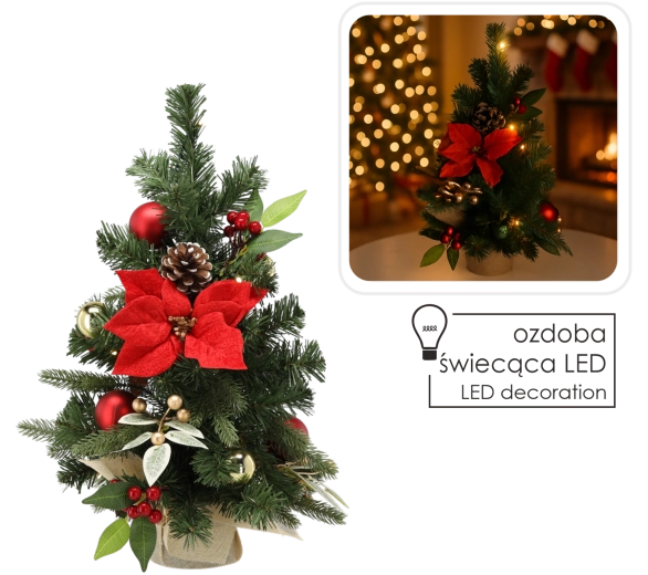 Sapin décoratif de Noël avec 15 LED, 50 cm, rouge-or - 1 pièce