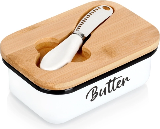 Beurrier en métal émaillé blanc avec couvercle en bambou et petit couteau