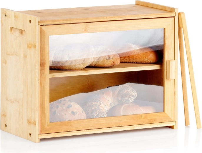 Boîte à pain en bambou à deux niveaux avec pinces 40 × 20 × 31 cm