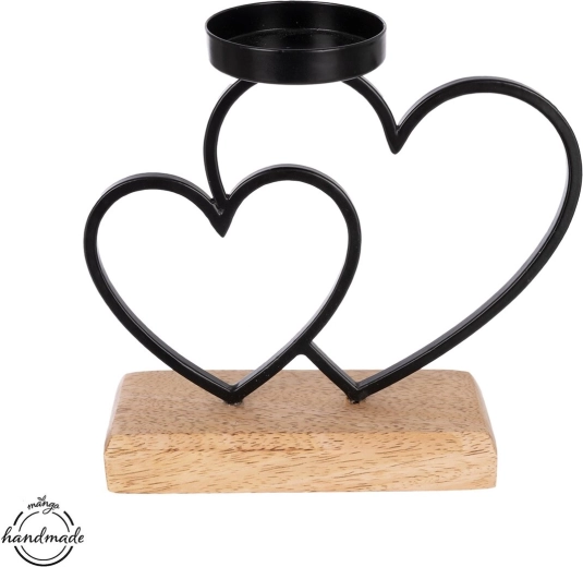 Photophore en bois de manguier et métal avec des cœurs