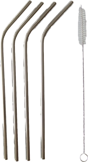 Pailles en acier inoxydable coudées 21,5 cm (4 pcs) avec brosse de nettoyage