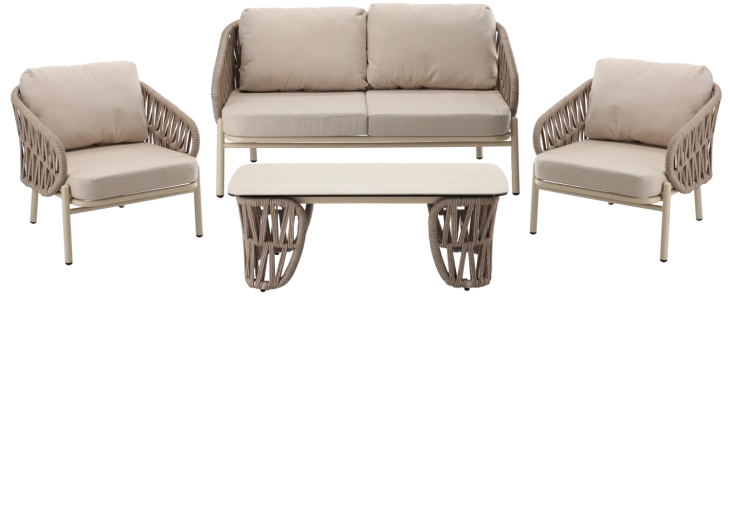 Ensemble de jardin en aluminium beige avec canapé, 2 fauteuils et table basse - 4 pièces