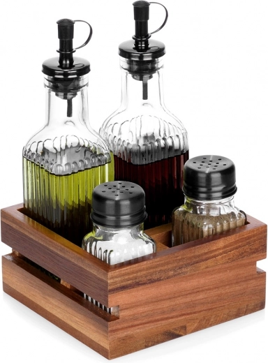 Set huile et vinaigre avec salière et poivrière sur support, 5 pièces
