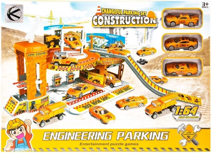 Parking pour véhicules de chantier avec 3 petites voitures