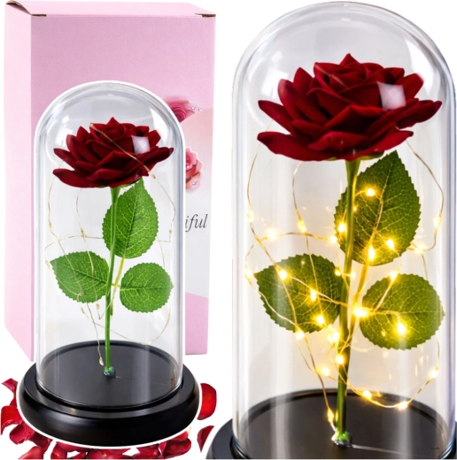 Rose rouge éternelle sous cloche en verre avec éclairage LED