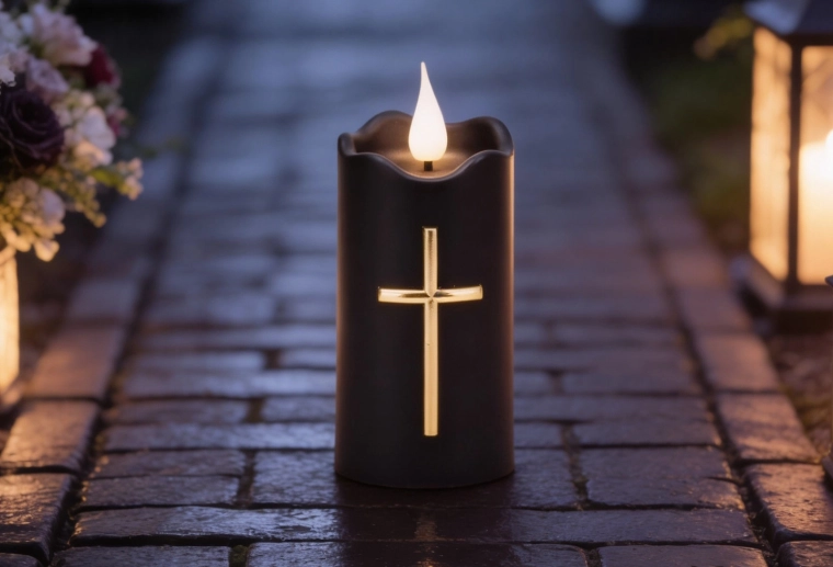 Bougie LED 11,5 cm noire avec croix dorée