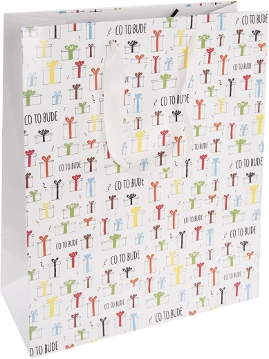 Sac cadeau en papier « Qu’est-ce que ça va être » (26 × 12 × 32 cm)