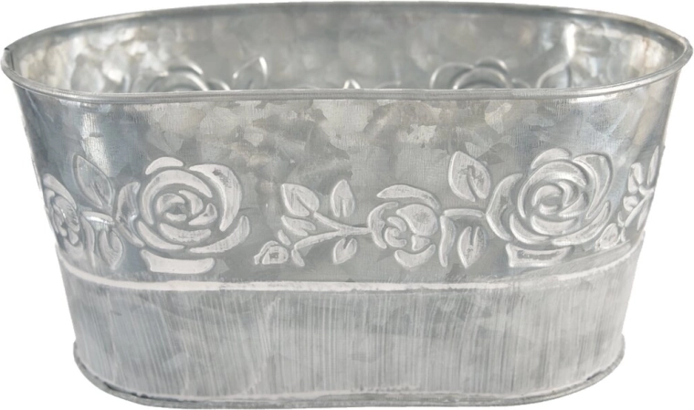 Cache-pot en tôle gris avec motif de roses