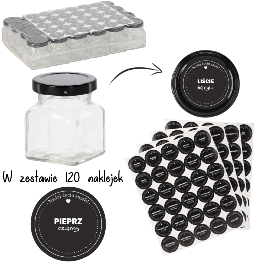 Ensemble de 24 bocaux carrés pour épices 120 ml avec étiquettes