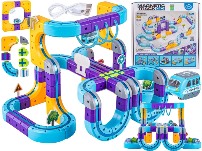Jeu de construction magnétique avec circuit pour train – 114 pièces