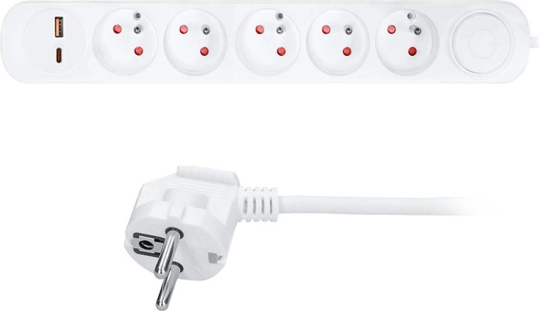 Rallonge électrique Solight avec 5 prises et charge USB-A/C, 3 m, blanche