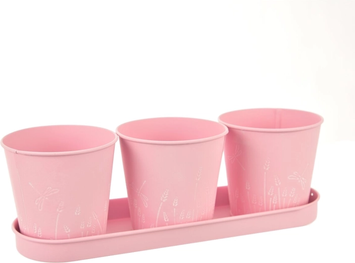 Lot de trois jardinières en métal roses avec motif libellule
