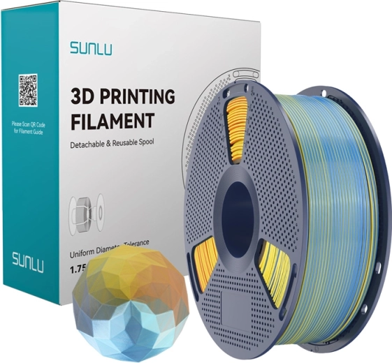 Sunlu PLA+ Silk filament quatre couleurs bleu–violet–orange–jaune