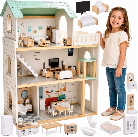 Maison de poupées en bois à trois étages avec meubles, terrasse et ascenseur