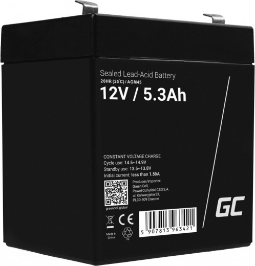 Batterie AGM sans entretien 12 V 5,3 Ah pour alarmes, caisses et jouets GREEN CELL