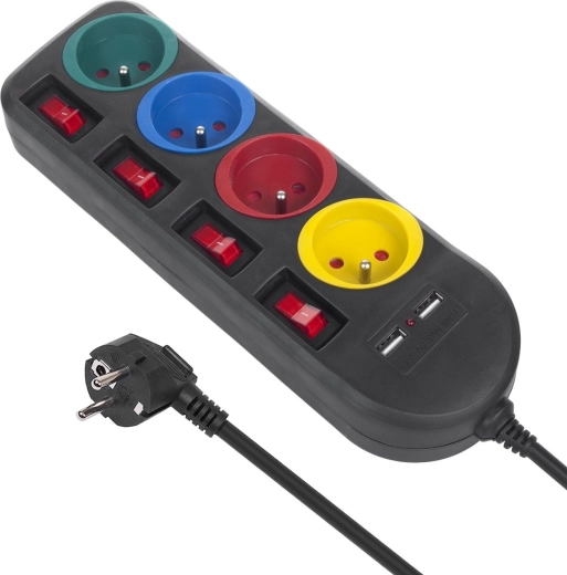 Bloc multiprise avec interrupteurs, 4 prises et 2 ports USB – Noir