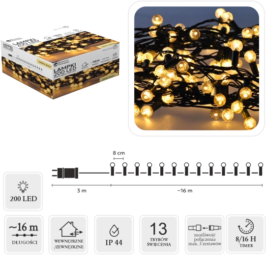 Guirlande lumineuse LED Cherry Ball, 200 LED, blanc chaud, 16 m