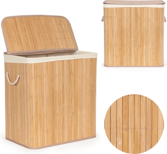 Panier à linge en bambou ModernHome 150 l avec 3 compartiments et couvercle