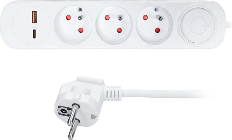 Rallonge Solight avec 3 prises, USB-A et USB-C PD 20 W, 2 m, blanche, avec interrupteur