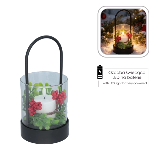 Lanterne LED décorative avec bougie et couronne de Noël 21,5 cm - 1 pièce