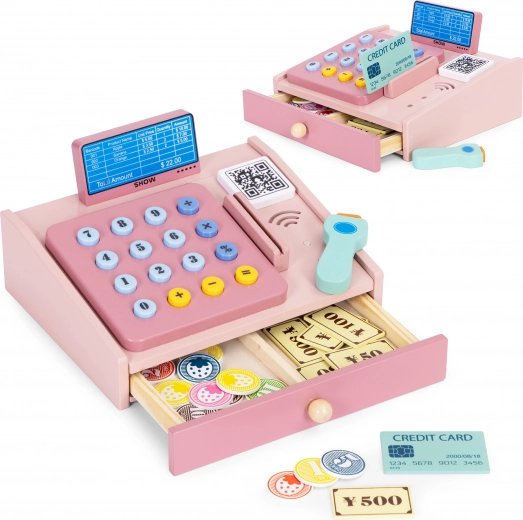 Caisse en bois pour enfants avec scanner, pièces et carte de paiement