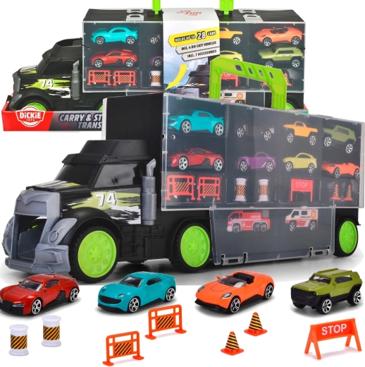 Transporteur de voitures et mallette Dickie Toys avec petites voitures et accessoires de circulation