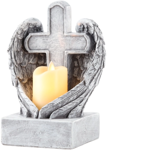 Décoration funéraire : croix avec ailes d’ange et bougie LED