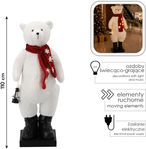 Ours polaire de Noël LED avec mélodie et mouvements, 110 cm