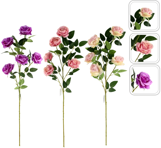 Branche de rose artificielle avec cinq fleurs 92 cm, assortiment de couleurs