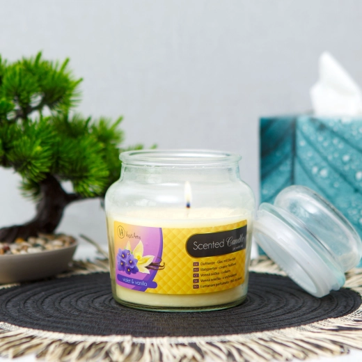 Bougie parfumée à la vanille et à la violette avec couvercle, 310 g
