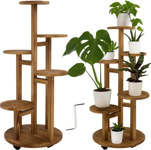 Support à plantes en bois sur pied 86 cm RUHHY, 6 niveaux pour 7 pots de fleurs