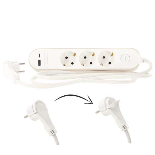 Multiprise parafoudre avec interrupteur, 3 prises Schuko et 2 USB (USB-A + USB-C), 1,5 m, blanc