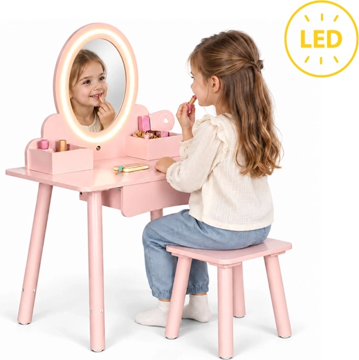 Coiffeuse en bois pour enfants ECOTOYS avec miroir LED, tabouret et accessoires