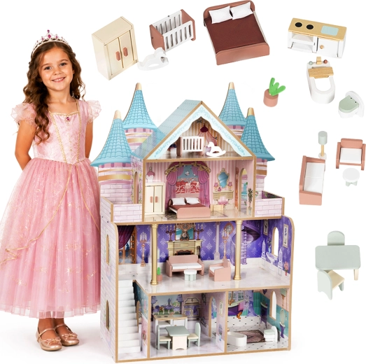 Ecotoys maison de poupées en bois Bella – château de princesse à 4 étages