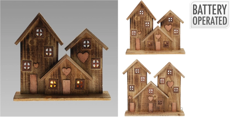 Décoration LED en bois, trois maisons - 1 pièce