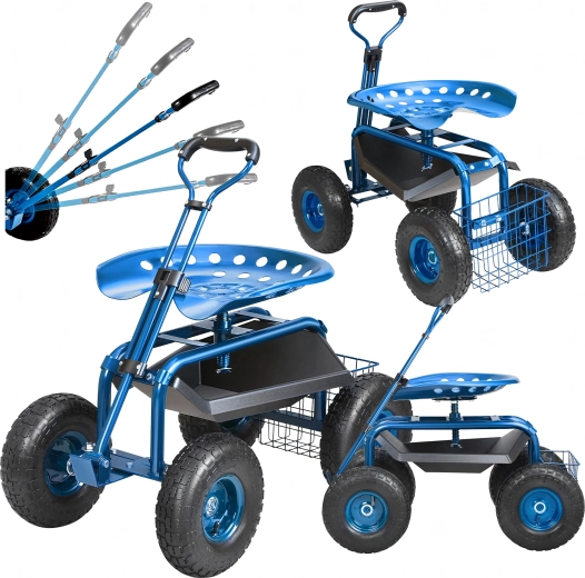 Chariot de jardin avec siège pivotant à 360° et panier