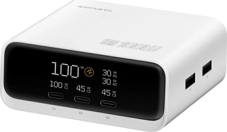 Chargeur de bureau 4smarts GaN 100 W avec écran, 3× USB‑C + 2× USB‑A, blanc