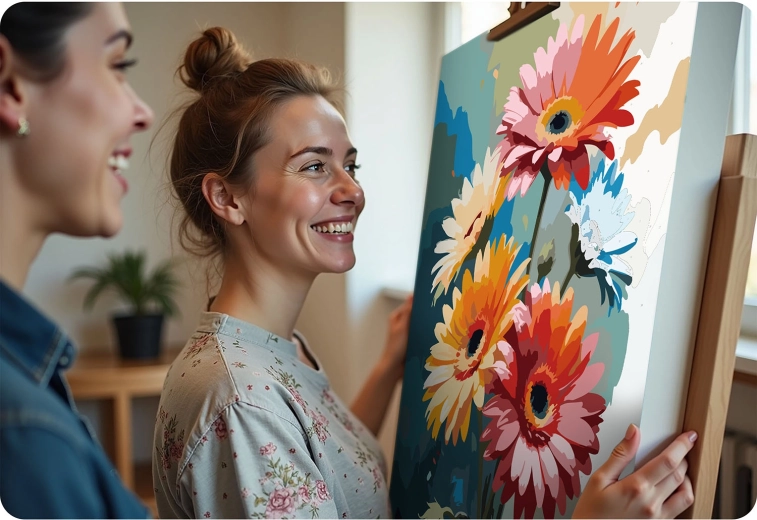 Tout dans le coffret : toile, peintures, 3 pinceaux