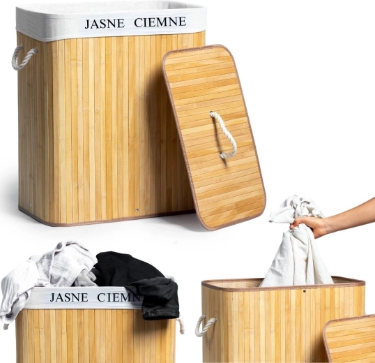 Panier à linge en bambou à double compartiment avec couvercle 100 l - 1 pièce