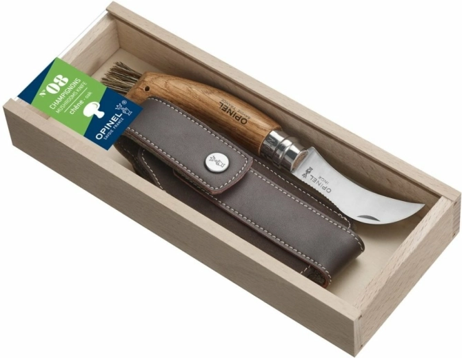 Opinel N°08 Inox couteau de poche à champignons, chêne, étui en cuir, boîte cadeau