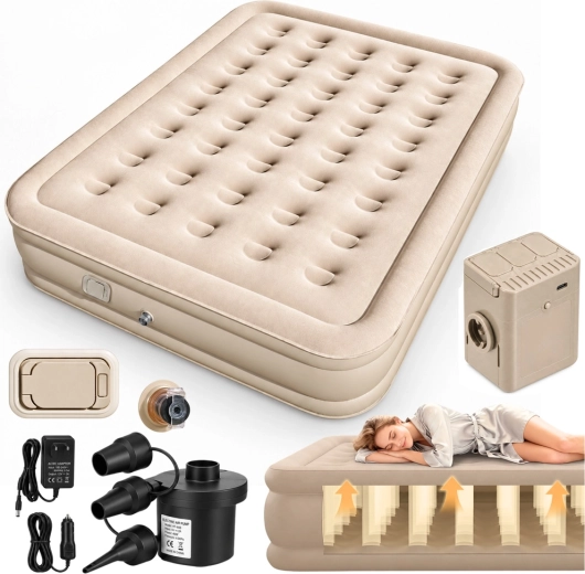 Matelas gonflable deux places avec pompe électrique et oreiller beige 198 × 152 cm