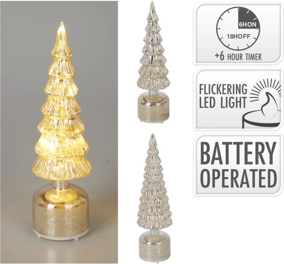 Décoration LED en verre en forme d’arbre avec finition argentée et minuterie - 1 pièce