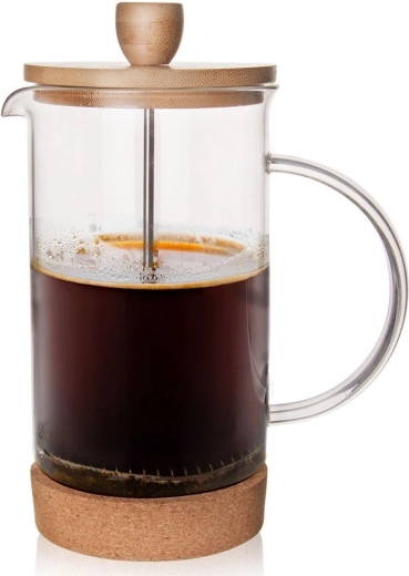 French press en verre 1 l avec couvercle en bambou et base en liège