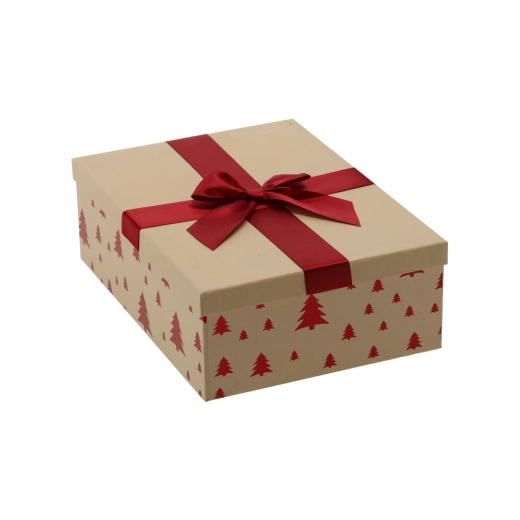 Boîte cadeau de Noël marron avec nœud bordeaux 26,5 × 18 × 7 cm