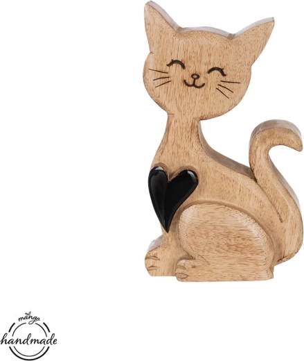 Décoration en bois en forme de chat, en bois de manguier, avec un petit cœur
