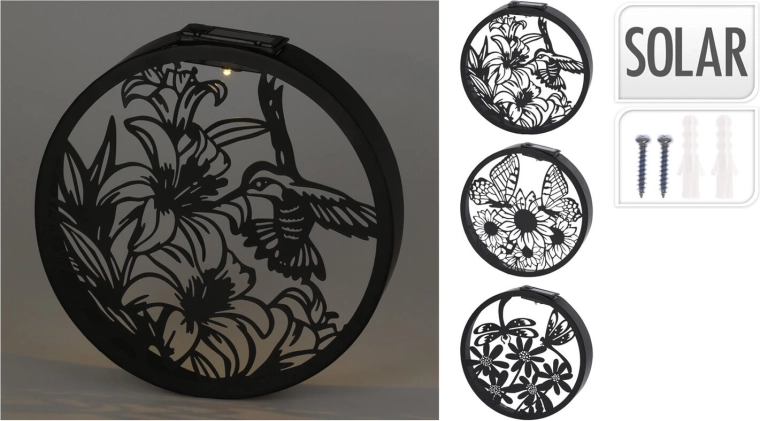 Décoration murale LED solaire ronde en métal noir/or 25 cm