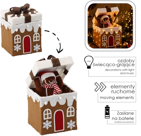 Décoration de Noël représentant un bonhomme en pain d’épices dans un cadeau, avec éclairage LED, mélodie et mouvement